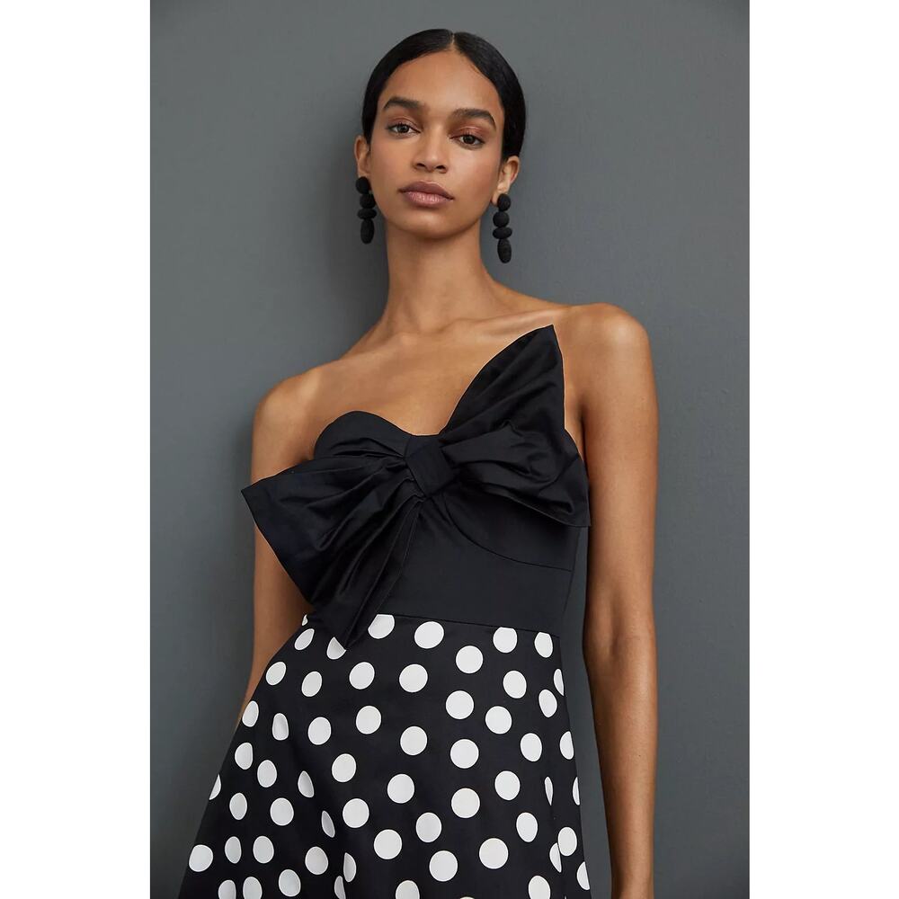 Anthropologie Black and White Polka Dot Strapless Midi Dress with Bow - Picture 2 of 3